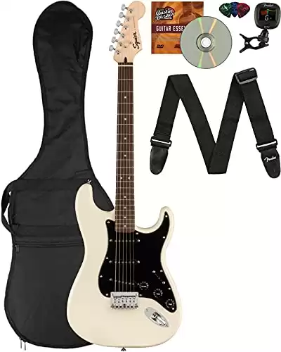 Fender Bullet Stratocaster HT Electric Guitar, Laurel, Black Pickguard Bundle with Gig Bag, Tuner, Strap, Picks, and Austin Bazaar Instructional DVD - Olympic White