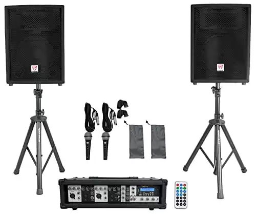 Rockville Package PA System Mixer/Amp+10" Speakers+Stands+Mics+Bluetooth, (RPG2X10)