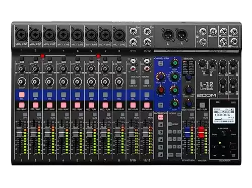 Zoom LiveTrak L-12 Digital Mixer & Multitrack Recorder, for Music, Podcasting, and More, 12-Input/ 14-Channel SD Recorder, 14-in/4-out USB Audio Interface, 5 Powered Headphone Outputs